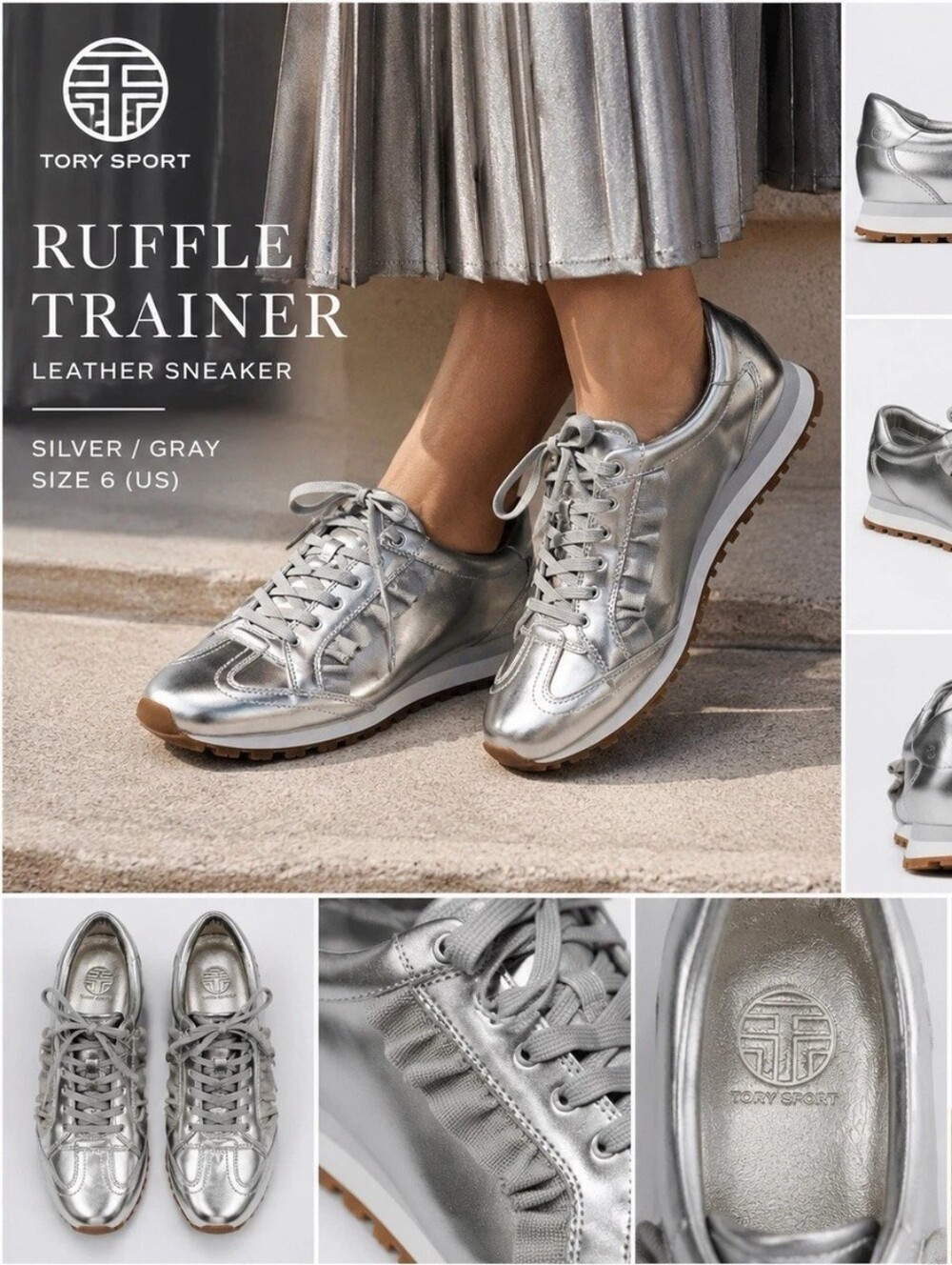 Tory Sport Metallic Silver Ruffle Trainer Sneakers